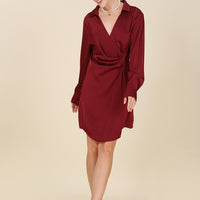 Satin collared wrap mini dress