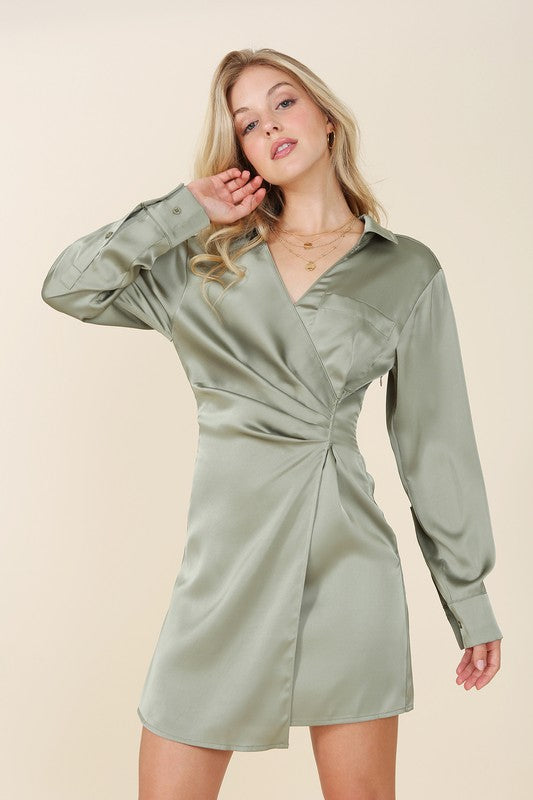 Flounce London Petite satin cross wrap mini dress in sage - ShopStyle