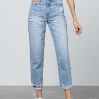 High Waist Ripped Hem Tapered Jeans