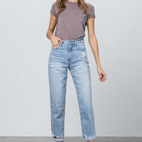 High Waist Ripped Hem Tapered Jeans