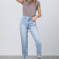 High Waist Ripped Hem Tapered Jeans