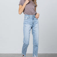 High Waist Ripped Hem Tapered Jeans