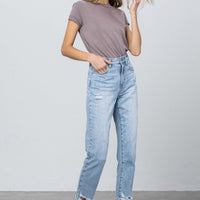 High Waist Ripped Hem Tapered Jeans