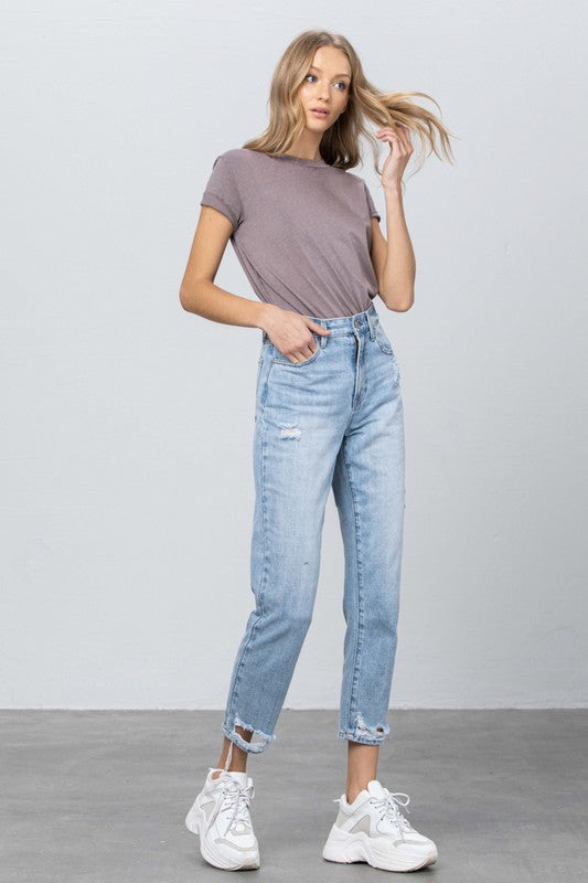 High Waist Ripped Hem Tapered Jeans