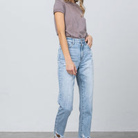 High Waist Ripped Hem Tapered Jeans