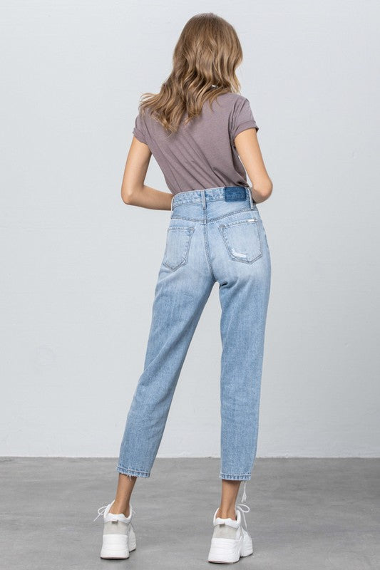 High Waist Ripped Hem Tapered Jeans