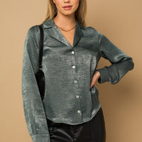 Button Down Satin Blouse Top