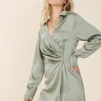 Satin collared wrap mini dress