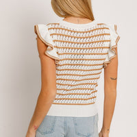 Round Neck Ruffle Sleeve Stripe Knit Top