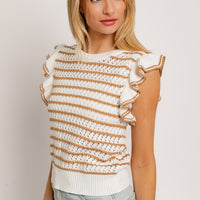 Round Neck Ruffle Sleeve Stripe Knit Top