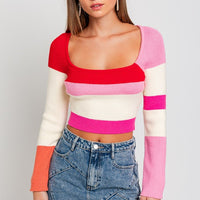 Long Sleeve Color Block Stripe Knit Top