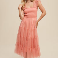 Smocked Ruffle Tiered Mesh Midi Maxi Dress