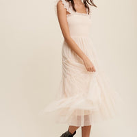 Smocked Ruffle Tiered Mesh Midi Maxi Dress