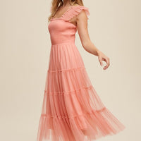 Smocked Ruffle Tiered Mesh Midi Maxi Dress