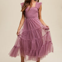 Smocked Ruffle Tiered Mesh Midi Maxi Dress