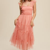 Smocked Ruffle Tiered Mesh Midi Maxi Dress