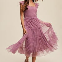 Smocked Ruffle Tiered Mesh Midi Maxi Dress