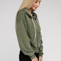 Acid Wash Fleece Cropped Zip-Up Hoodie