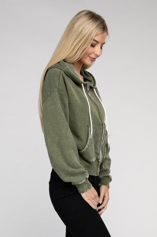 Acid Wash Fleece Cropped Zip-Up Hoodie