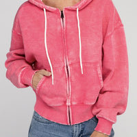 Acid Wash Fleece Cropped Zip-Up Hoodie