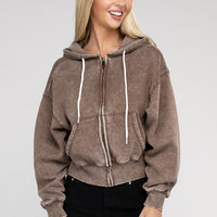 Acid Wash Fleece Cropped Zip-Up Hoodie