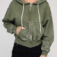 Acid Wash Fleece Cropped Zip-Up Hoodie