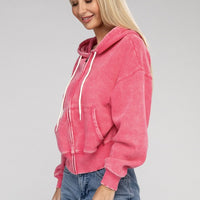 Acid Wash Fleece Cropped Zip-Up Hoodie