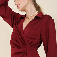 Satin collared wrap mini dress