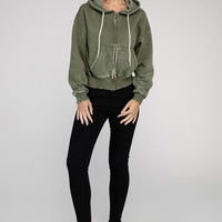 Acid Wash Fleece Cropped Zip-Up Hoodie