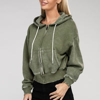 Acid Wash Fleece Cropped Zip-Up Hoodie