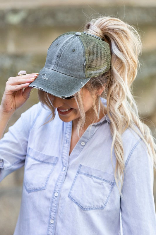 Distressed Messy Bun Hat Cap